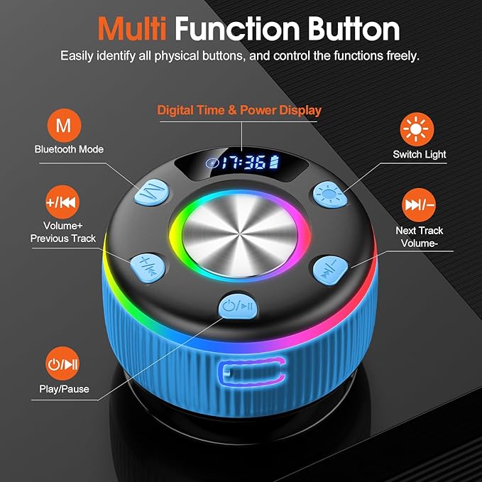 Bluetooth Shower Speaker, Portable Bluetooth 5.3 Speakers Wireless with Time Display, IP7 Waterproof Speakers with RGB Light, Suction Cup, Mini Stereo Speaker for Bathroom Party Beach Outdoor, Blue