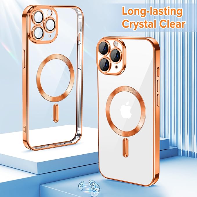 Hython Magnetic Clear for iPhone 11 Pro Max Case with Camera Lens Protector [Compatible with MagSafe] Plating Edge Slim Soft TPU Cover Protective Phone Case for iPhone 11 Pro Max 6.5", Orange