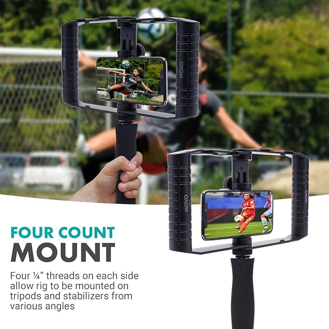 Movo SPR-20 Foldable Smartphone Video Rig Cage with Cold Shoe Mounts for Microphone or LED Light - Vlogging Mount Compatible with iPhone, Android - Smartphone Video Stabilizer Grip - Filming Equipment
