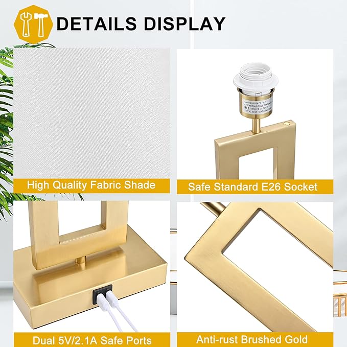 BrightWe 22’’ Set of 2 Touch Control Table Lamps w. 2 USB Ports, 3-Way Dimmable Bedroom Bedside Nightstand Touch Lamps, Modern Gold&White Lamps for Living Room End Table, LED Bulbs Included