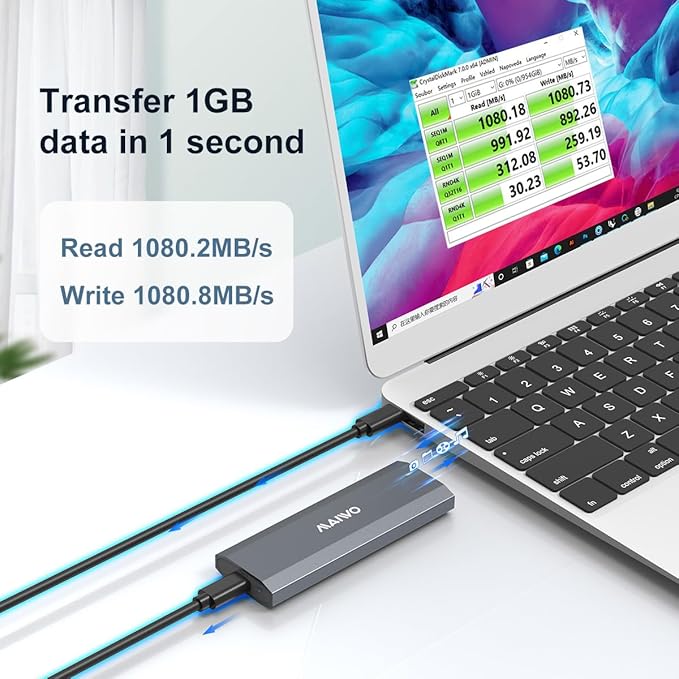 MAIWO M.2 NVMe SSD Enclosure, USB 3.1 Gen 2 USB-C (10 Gbps) External Aluminum NVMe Reader for 2230/2242/2260/2280 M-Key SSD up to 8TB, UASP Supported, Tool Free