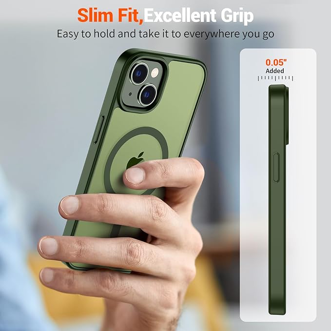 SUPFINE Magnetic for iPhone 14 Case & iPhone 13 Case (Compatible with MagSafe)(Military Grade Drop Protection) Translucent Matte Shockproof Phone Cover,Cangling Green
