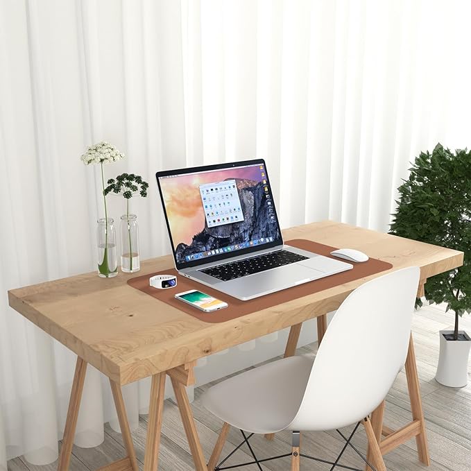 Hsurbtra Desk Pad, 23.6" x 13.8" PU Leather Desk Mat, M Extended Mouse Pad, Waterproof Desktop Blotter Protector, Non-Slip Ultra Thin Small Laptop Keyboard Writing Mat for Office Home, Dark Apricot