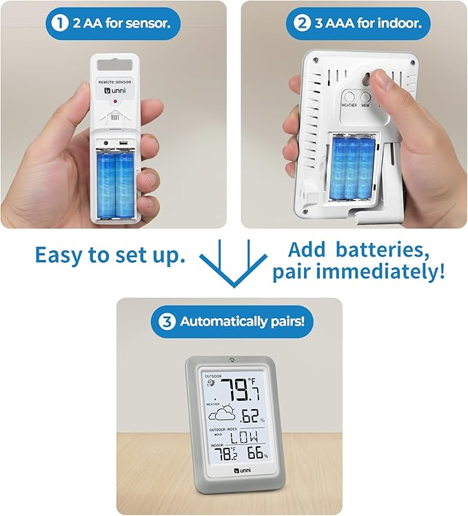 Indoor Outdoor Thermometer Hygrometer Wireless Weather Station, Temperature Humidity Monitor Battery Powered Inside Outside Thermometers with 330ft Range Remote Sensor and Backlight Display