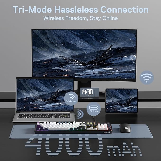 Redragon K761 Wireless Gasket Gaming Keyboard w/Hype Screen & Knob, 104 Keys Mechanical Keyboard, Easy-Control 1.26’ TFT Info Display, 5-Layer Noise Dampening, Custom Linear Switch, Abyssal Blue