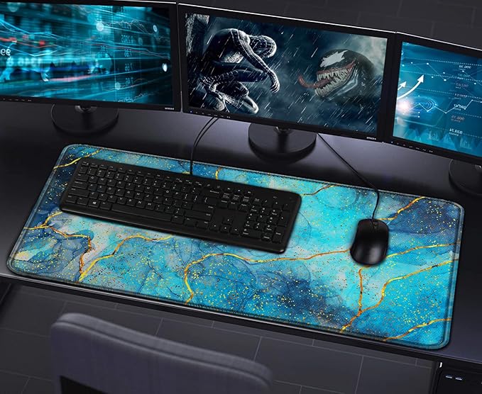 Large Gaming Mouse Pad with Stitched Edges, (31.5X15.7In) Durable Non-Slip Natural Rubber Base, Waterproof Computer Keyboard Pad Mat for Esports Pros/Gamer/Desktop/Office/Home- Marble Blue