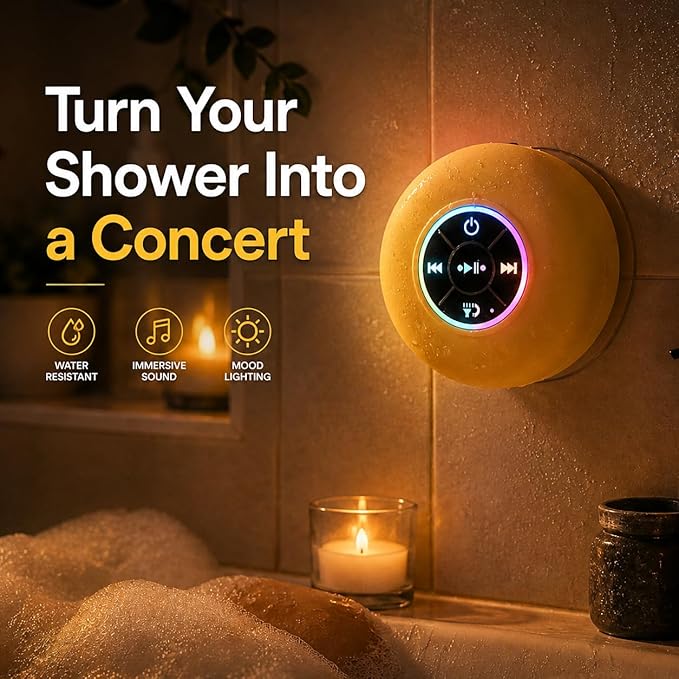 Bluetooth Shower Speaker with LED – Portable Wireless Mini Speaker with Mic & Suction Cup, IPX4 Water Resistant for Shower, Travel, Pool, River Floating, and Outdoor Fun (Yellow)