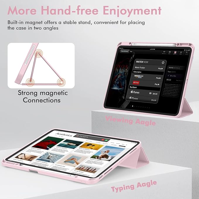 ZryXal New iPad Air 13 Inch Case M3 2025/M2 2024 with Pencil Holder, Trifold Stand Smart Case with Soft TPU Back,Auto Wake/Sleep(Pink)