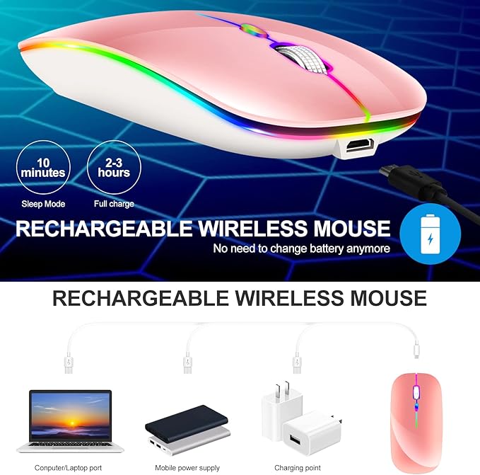 KLO Rechargeable Bluetooth 5.2/3.0/Type-C/USB-2.4G Mouse for MacBook/MacBook air/Pro/iPad, Wireless Mouse for Laptop/Notebook/pc/iPad/Chromebook (2/Pink)
