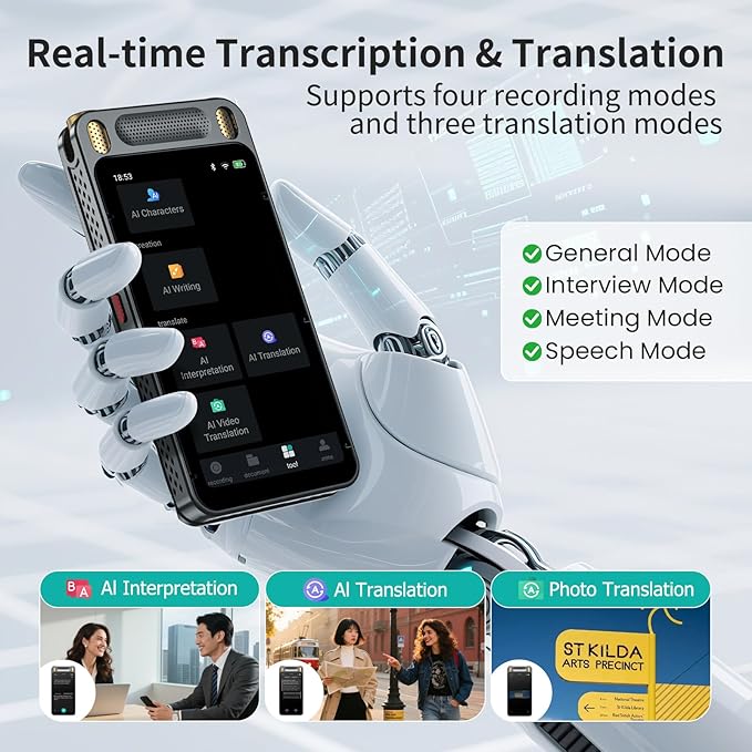 AI Voice Recorder with Playback, 5'' Large Touch Screen Digital Recorder, 13 Languages Transcription, 8 Mics Noise Reduction, 2600mAh Battery, AI Summary & Translation for Meetings, Lectures