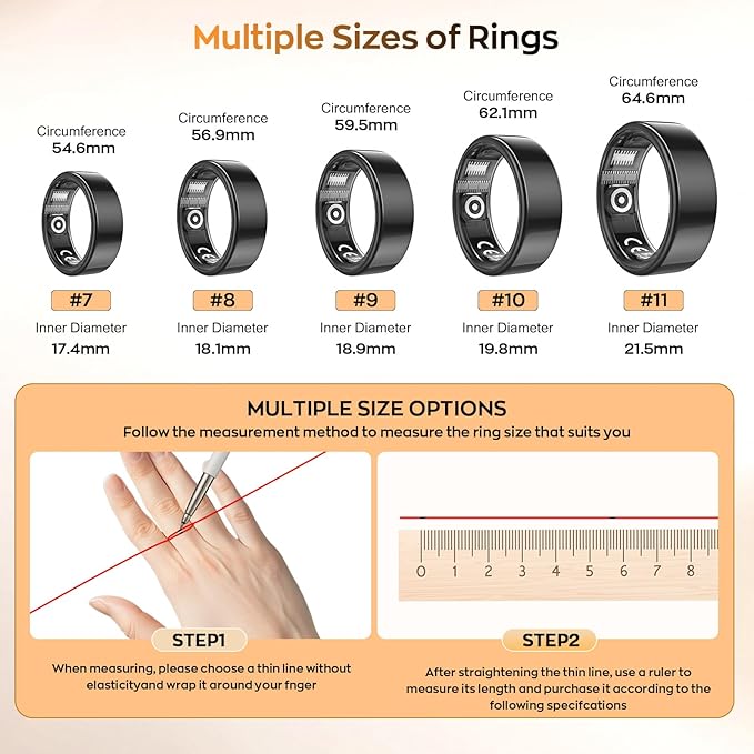 Smart Ring with Sleep Monitoring, Step Counting, Heart Rate, Blood Oxygen for iOS and Android, No Subscription Fee, IP68 Waterproof Health Tracker (Gold, 11)