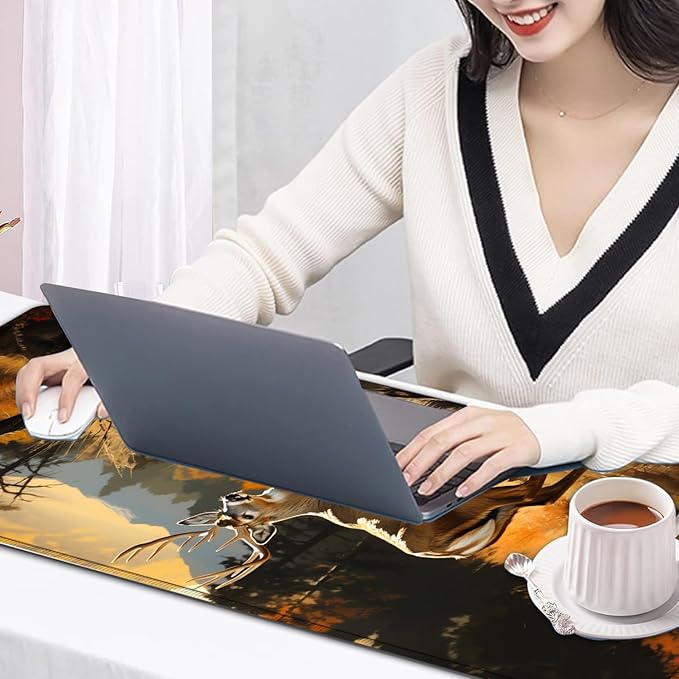 Large Mouse Pad, 31.5 x 11.8in Extended Gaming Mouse Pad with Stitched Edges, XXL Mousepad Protector Non Slip Rubber Base for Office and Home Writing Mat, Cute Deer Forest Pattern Desk Mat