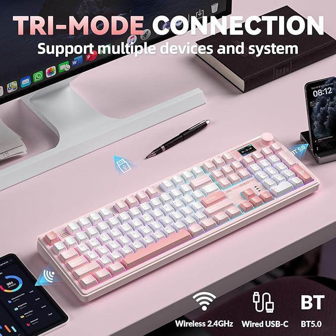 LINGBAO K108 Pro Wireless Mechanical Keyboard with Screen & Knob, Full Size Creamy Keyboard with Number Pad, 10000mAh Battery, PBT Keycaps, RGB Backlit, Hot-swappable Pink Gaming Keyboard for PC/Mac