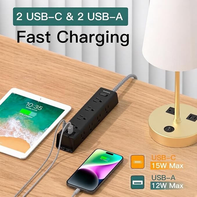 Addtam 20FT Long Black Power Strip Surge Protector, 12 Wide Spaced Outlets 4 USB, Flat Plug Extension Cord, Wall Mount Outlet Extender, 1050J Protection for Garage Workshop Office Gaming, ETL Listed