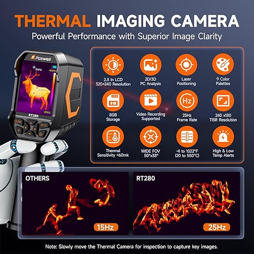 FOXWELL RT280 Thermal Imaging Camera, 320 X 240 2.8" LCD Screen Thermal Camera, TISR Resolution 240 x 180, 25Hz Handheld Infrared Cameras with Laser, PC Analysis, Photo & Video Recording, 8GB