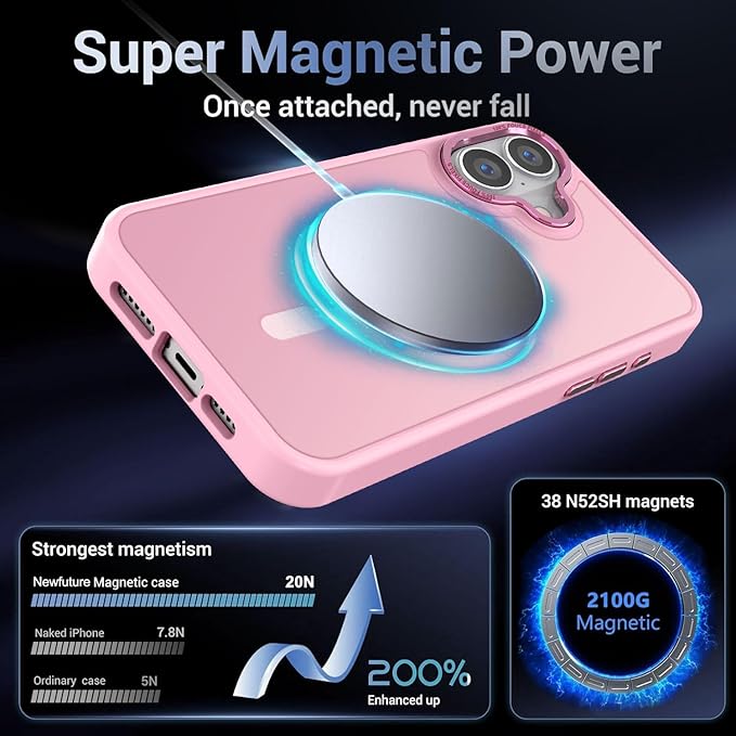 Newfuture Designed for iPhone 16 Case with Magnetic [13 FT Military Drop Protection] [Compatible with Magsafe] Slim Translucent Matte Shockproof with Anti-Fingerprint Phone Case, Chalk Pink