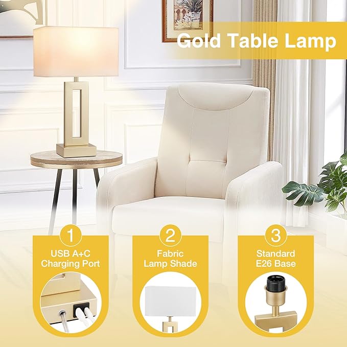 Seealle Bedroom Table Lamps Set of 2 - Touch Bedside Lamps with USB C+A, 3 Way Dimmable Gold Lamp for Nightstand, Modern Night Stands Lamps for Living Room End Tables Desk Bed Side Study Room(16.4n)