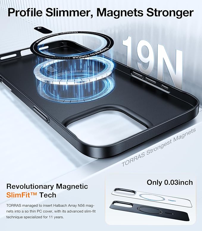 TORRAS Magnetic Slim-Fit for iPhone 16 Pro Max Case 6.9 inch, Ultra-Thin 16 ProMax Phone Case Compatible with MagSafe, Light Anti-Scratch Matte Hard PC Bayer OriginFit, Black