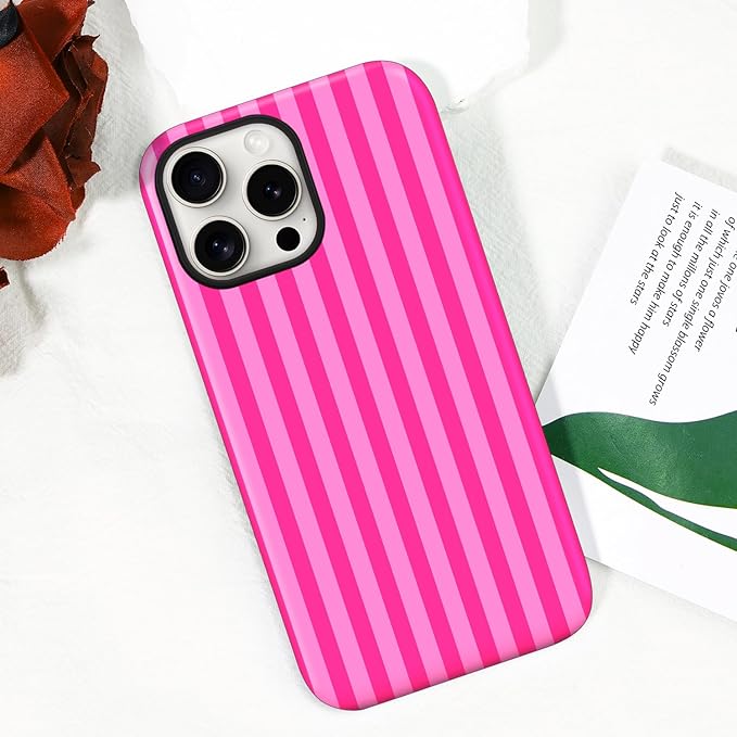 Magnetic for iPhone 15 Pro Max Case Cute Stripes Phone Case, Shockproof Slim TPU and Hard PC Protective Phone Cover Compatible with MagSafe Designed for Women Girls, Deep Pink