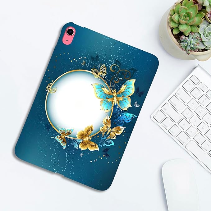 for Apple iPad (A16) 11th Generation Case 11 inch 2025 & iPad 10th Generation Case 10.9 inch 2022, Lightweight Soft TPU Back Shockproof Cover Silicone Bumper Shell, Gold Blue Butterfly