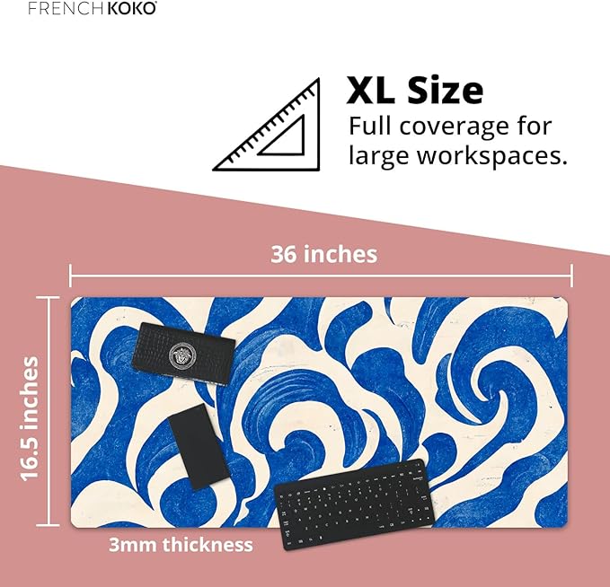 French KOKO Desk Mat, Large Desk Pad Large Mouse Pad Cute Desk Accessories Home Office Essentials XL Desk Mat Desk Pad Keyboard Mouse Desk Pads Computer Cute Women Girls (Blue Waves, 36" x 16.5")