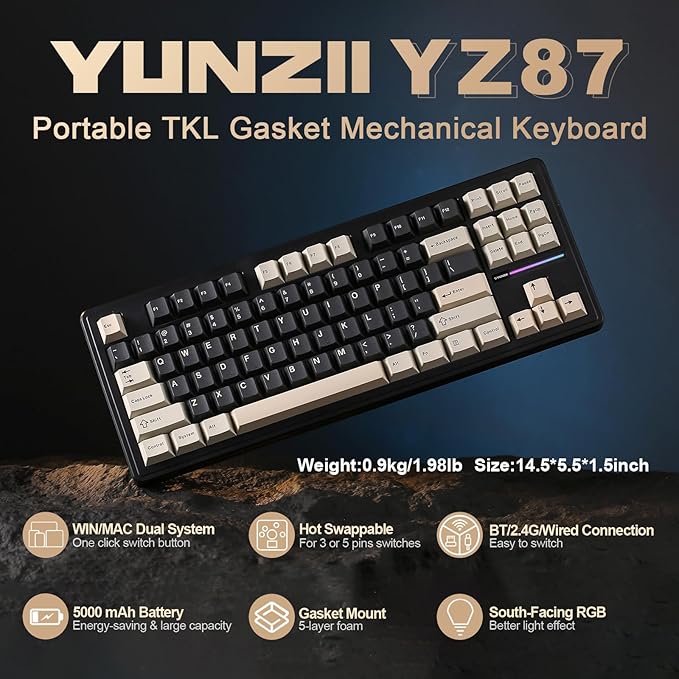 YUNZII YZ87 Gasket Mechanical Keyboard,TKL Wireless Hot Swappable with 5-Layer Padding, BT5.0/2.4G/USB-C NKRO RGB Backlit for Win/Mac (Black, Milk Switch)