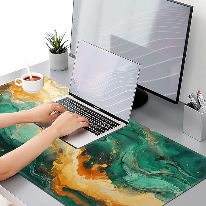 Gaming Mouse Pad, Keyboard Mouse Pad 31.5x15.7 inch XXL Large Computer Laptop Cool Desk Mat with Non-Slip Rubber Base and Stitched Edge for Home Office Work, Green Orange Marble