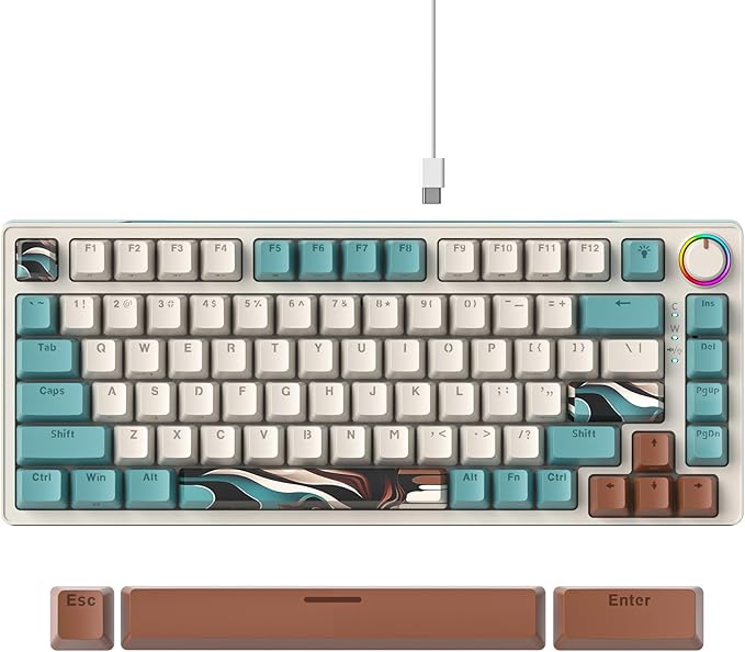 75% Brown Mechanical Gaming Keyboard, Compact 82 Key Hot Swappable with Knob, RGB Backlit OEM Profile, Wired USB-C Keyboard with Linear Switches for Windows Mac