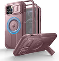 Dexnor for iPhone 12 & iPhone 12 Pro Case with Slide Camera Cover & Adjustable Kickstand &Built-in Screen Protector,Magsafe Rugged Shockproof Bumper Cases Heavy-Duty Protective Cover,Peony Pink