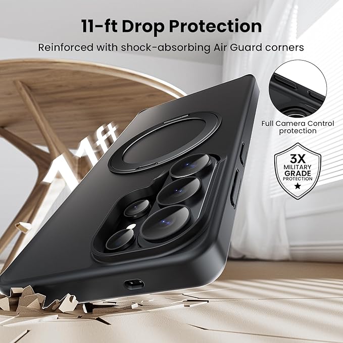 360°Ring Stand for Samsung Galaxy S26 Ultra Case with 1X Screen Protector +1X Camera Cover,Fit for MagSafe, Translucent Matte Cover & Scratch-Resistant Back Cover for Galaxy S26 Ultra 6.9", Black