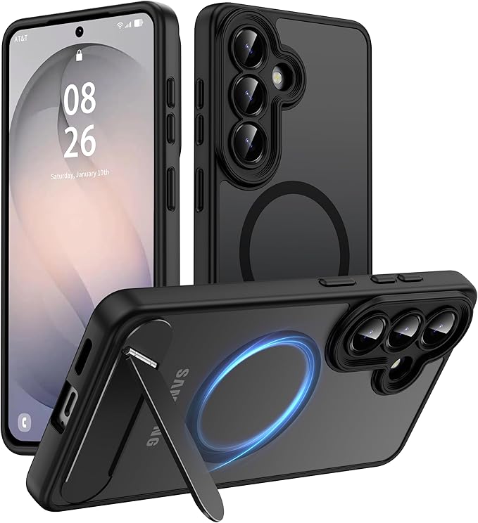 Magnetic for Samsung Galaxy S26 Case, [Compatible with MagSafe][Full Camera Protection][Built-in Invisible Kickstand] Translucent Matte Phone Case for S26 6.3" - Black