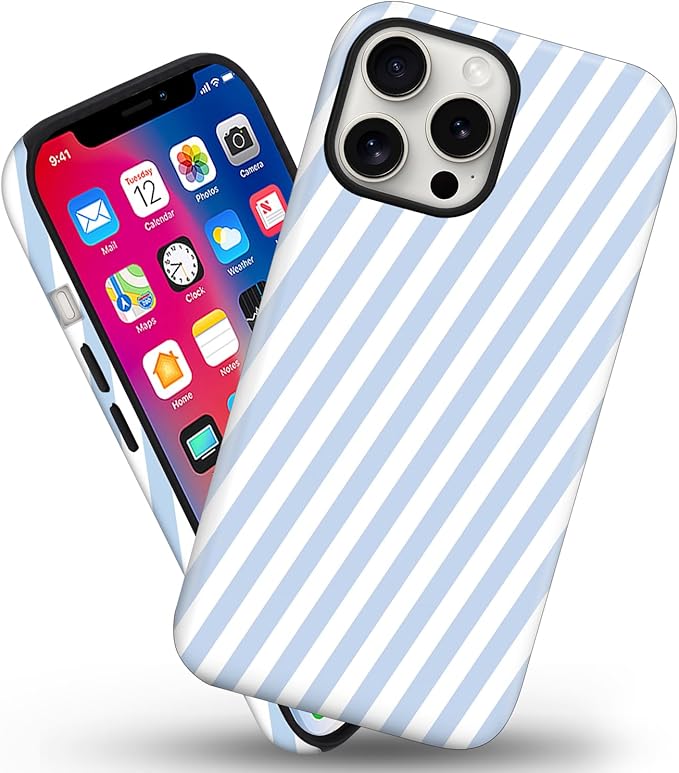 Magnetic for iPhone 15 Pro Case Cute Diagonal Stripes Phone Case, Shockproof Slim TPU and Hard PC Protective Phone Cover Compatible with MagSafe Designed for Women Girls,Blue