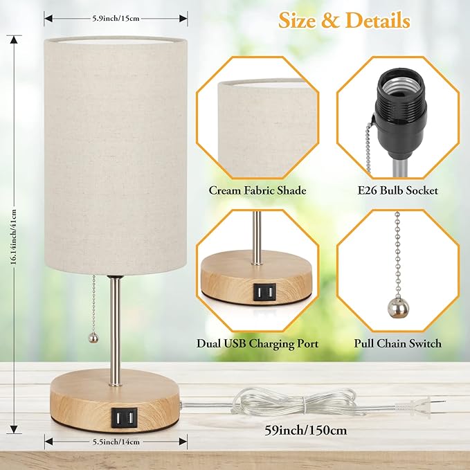 Lakumu Set of 2 Table Lamps with 2 USB Ports, Modern Bedside, Desk Lamps with Pull Chain, Nightstand Lamps with Cream Fabric Shade and Oak Metal Base for Living Room Bedroom Office Reading Dorm Hotel
