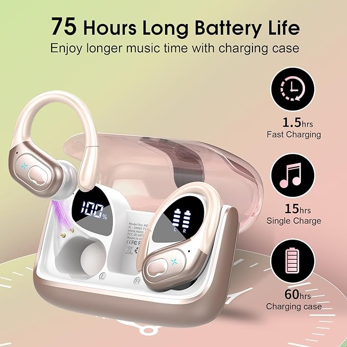 Wireless Earbuds 75hrs Bluetooth 5.4 Headphone Sport, 2026 Bluetooth Earbuds Stereo Deep Bass Over Ear Bud with Earhooks, ENC Noise Cancelling Mic, IPX7 Waterproof Earphone for Gym/Workout, Rose Gold