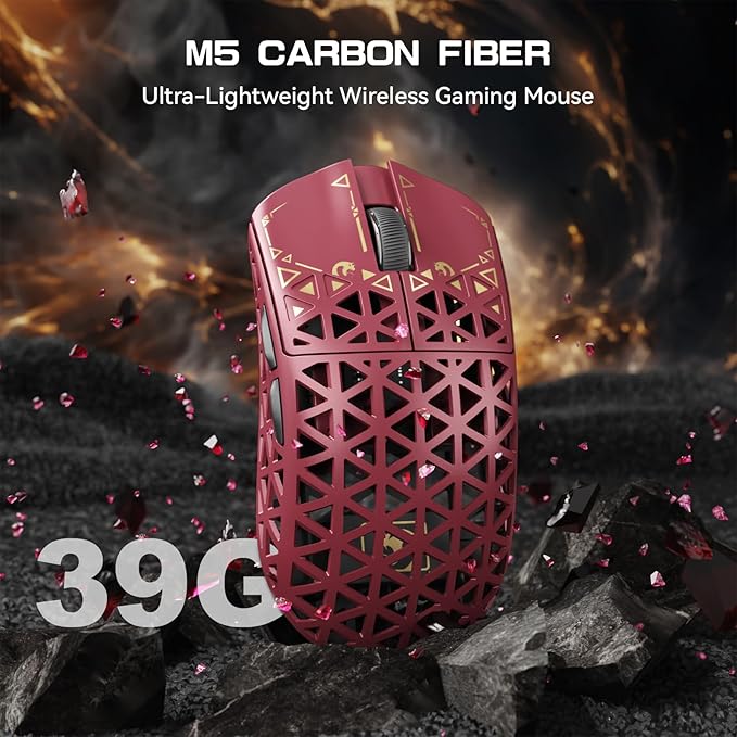 MAMBASNAKE M5 Ultra Carbon Fiber 8KHz Wireless Gaming Mouse,PAW3950MAX Sensor 42K DPI,39g Superlight Tri-Mode 2.4GHz/BT/Wired Computer Mice,Web Driver Support,for Win/Mac/FPS/MOBA/Esports-Red (A)