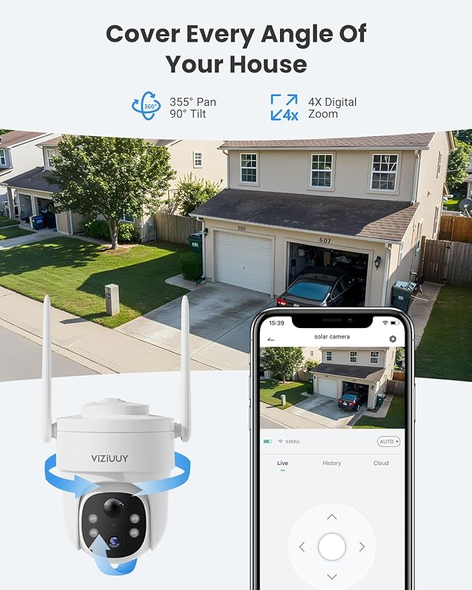 VIZIUUY Solar Security Cameras Wireless Outdoor, 3MP Pan Tilt 360°WiFi Camera with Color Night Vision/PIR Sensor/2-Way Audio/Alexa/Google Assistant