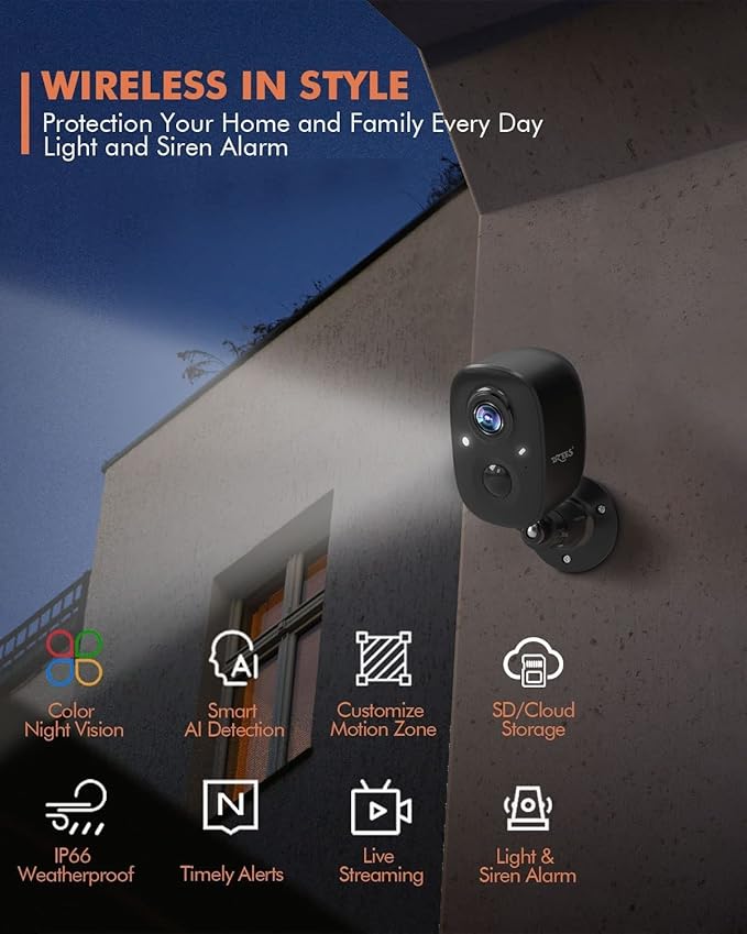 Dzees Security Camera Outdoor Wireless - Upgrade 2K 3MP Battery Powered WiFi Outdoor Camera Wireless, Spotlight, Siren, AI Dectection, Color Night Vision, IP66 Waterproof Cloud/SD-Black