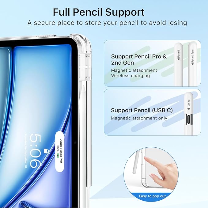 MoKo for iPad Air 11 inch Case (M4/M3/M2) 2026/2025/2024, iPad Air 5th/4th Gen 10.9 inch Case 2022/2020 with Pencil Holder, Slim Light Trifold Cover with Hard PC Translucent Back Shell, White