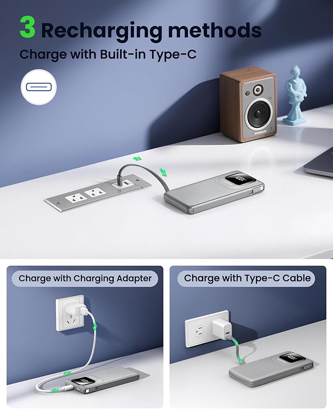Portable Charger Power Bank with Built-in Type C Cables, 22.5W Fast Charging 10000mAh Phone Charger, Travel Battery Pack Slim Battery Bank with Smart LED Display for iPhone, Android & USB-C-Gray