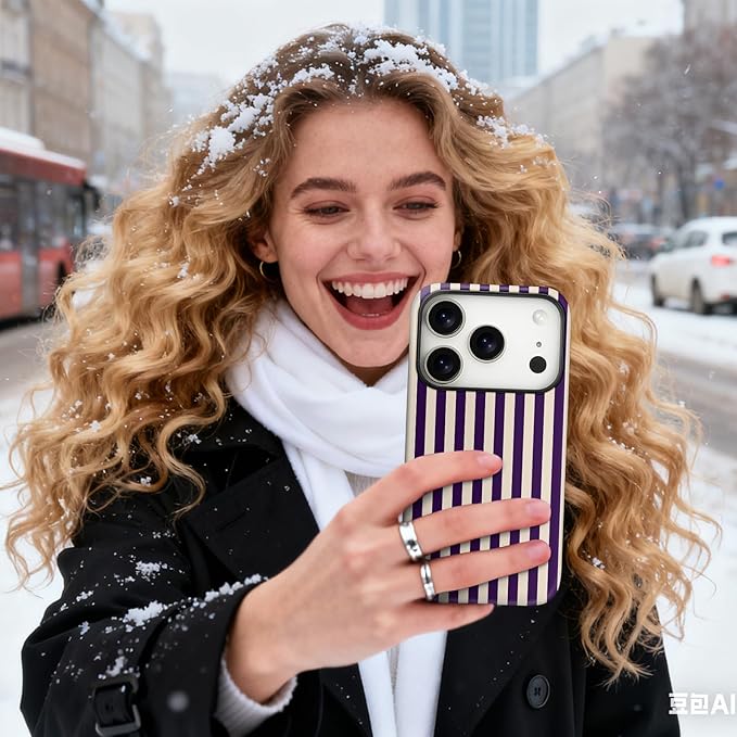 Magnetic for iPhone 17 Pro Max Case Cute Stripes Phone Case, Shockproof Slim TPU and Hard PC Protective Phone Cover Compatible with MagSafe Designed for Women Girls, Deep Purple