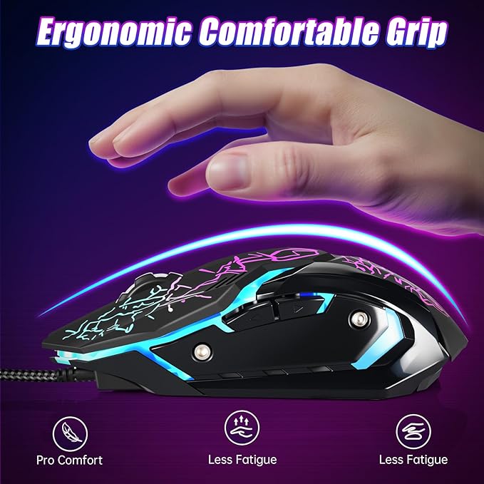 Gaming Mouse, 4 DPI Settings Up to 3600 DPI, Light Up RGB Ergonomic Optical Gaming Mice for Laptop/mac, Computer Wired USB Mouse, 7 Colors LED Backlight, 6 Buttons-Black