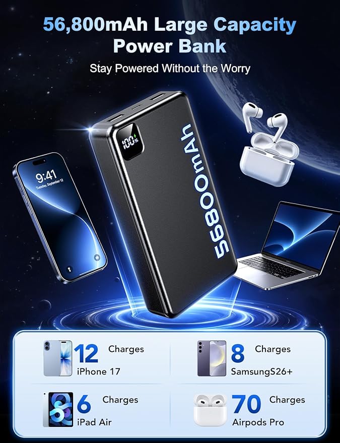 Portable Charger Power Bank, 56800mAh Battery Pack, 22.5W Fast Charging Portable Phone Charger for Camping Travel Essential Compatible with iPhone 17/16/15/14/13 Series, Samsung, Google,iPad-Black