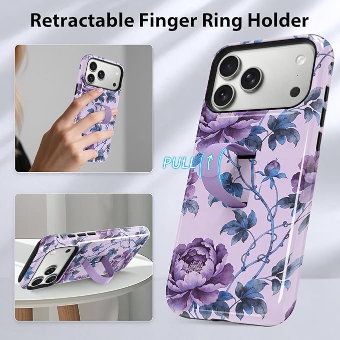 KANGHAR Compatible with iPhone 17 Pro Max Case, Support for MagSafe, Silicone Flower Floral Cute Pattern, Wristband Kickstand Camera Protection Soft Slim Phone Case for Girls Women -Purple