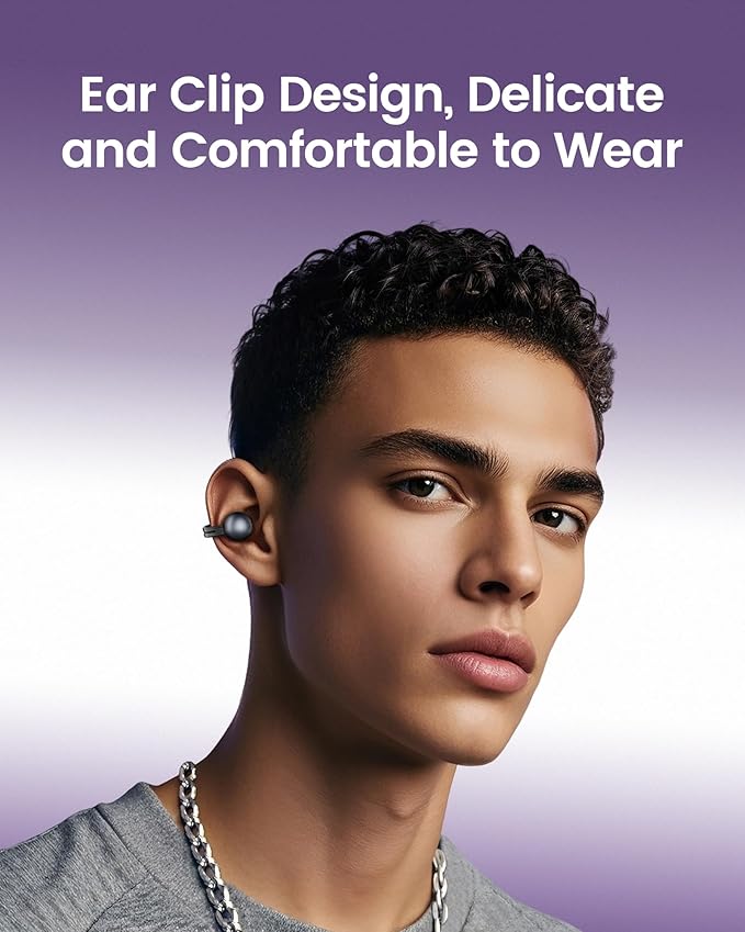 mojawa StarClip Open-Ear Wireless Bluetooth Headphones, Clip-On Earbuds, 4D Panoramic Sound, Clear Calls, Lightweight, Secure Fit, IP54 Water-Resistant Ear Grips for Workout and Daily Use, Gray