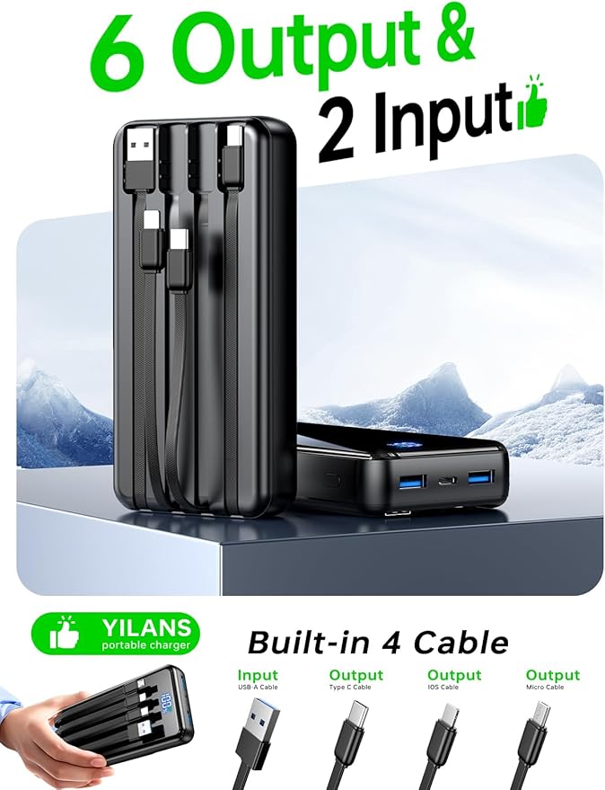 Portable Charger,50000mAh Power Bank Built-in Cable, 22.5W PD USB C In & Out Fast Charging, External Battery Pack with 6 Output & 2 Input, Travel Camping Essential for iPhone 17/16/15/14/13/12,Android