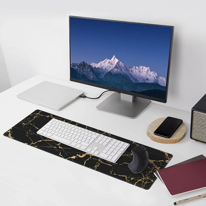 Black and Gold Marble XL Large Mouse Pad with Stitched Edges Long Non-Slip Rubber Base Mousepad Laptop Keyboard Mat Desk Pad for Office Home Desk Decor, 31.5" X 11.8"