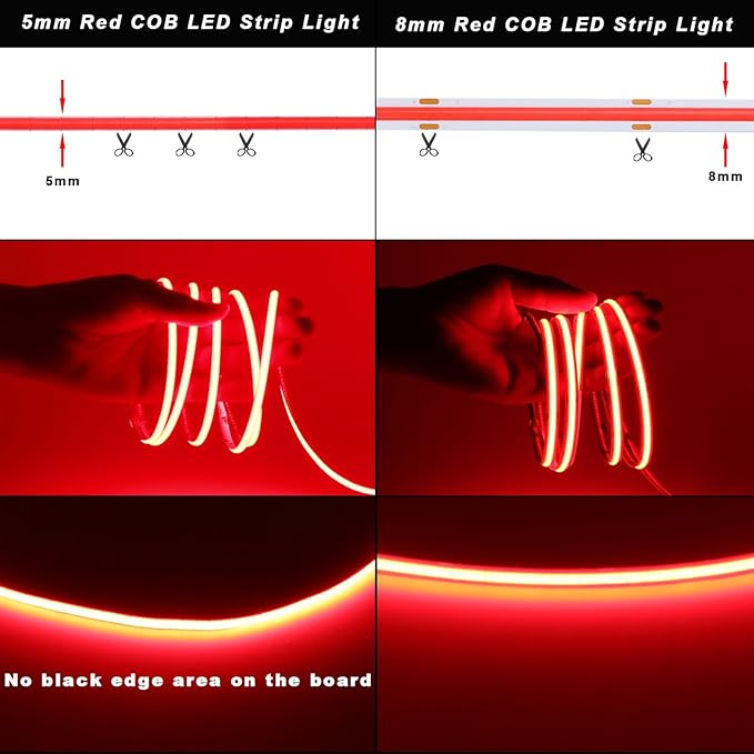 TOPAI 12V Thin 5mm Red COB LED Strip Light 16.4ft Self Adhesive Bright Uniform Dotless 400LEDs/M Flexible Cuttable Narrow LED Tape for DIY, Bedroom, Decor Lighting