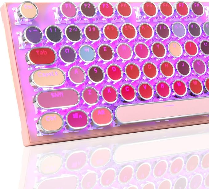 HUO JI Typewriter Mechanical Gaming Keyboard with RGB Sidelit and Purple LED Backlit, Retro Style, Red Switches, Metal Panel, Lipstick 104 Keys for Mac, PC, Cute Pink