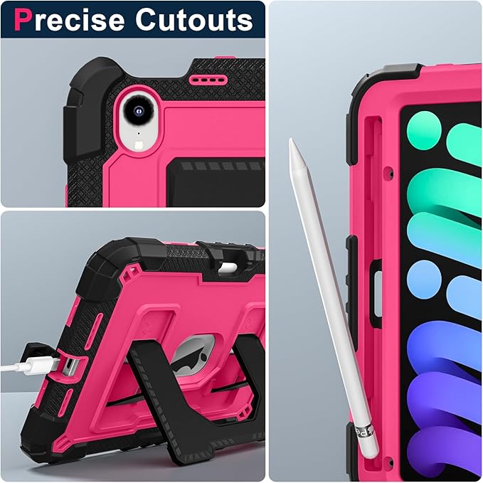 Kids Friendly Case for Apple iPad mini 7 A17 Pro 2024/iPad Mini 6 2021 8.3 Inch 7th/6th Gen Case with Pencil Holder & Shoulder Strap, Shockproof Kickstand Hard Shell Protective Cover,Black+Rose