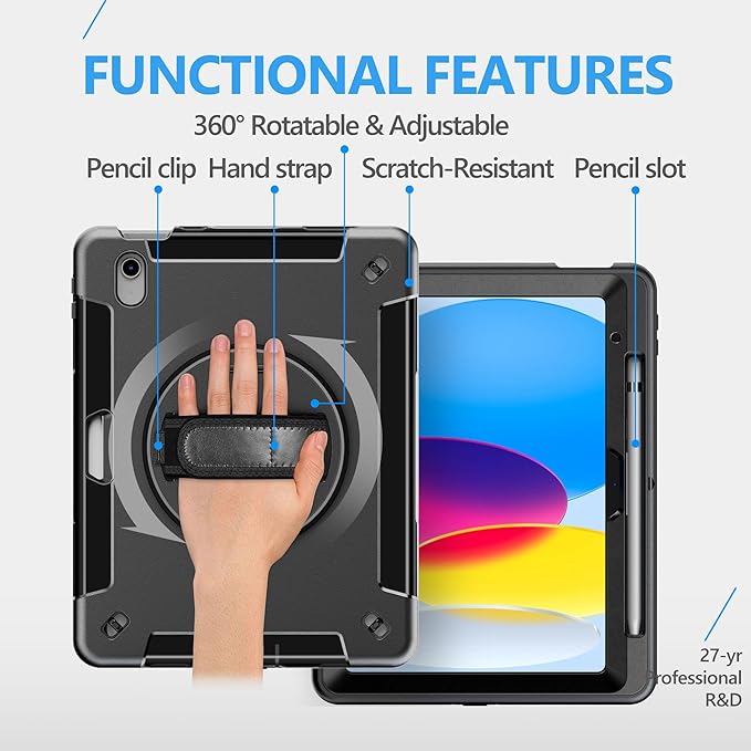 Case for iPad (A16) 11th/10th Generation Case: Protective Cover for iPad 11th Gen 11 Inch 2025 &10th Gen 10.9" 2022 with Screen Protector- Stand- Shoulder Strap- Handle- Pencil Holder-Black